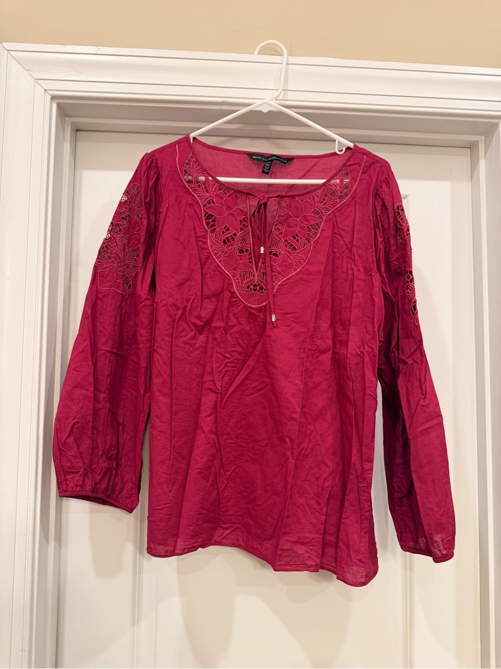 White House Black Market Raspberry-Pink Crochet Yoke Peasant Top